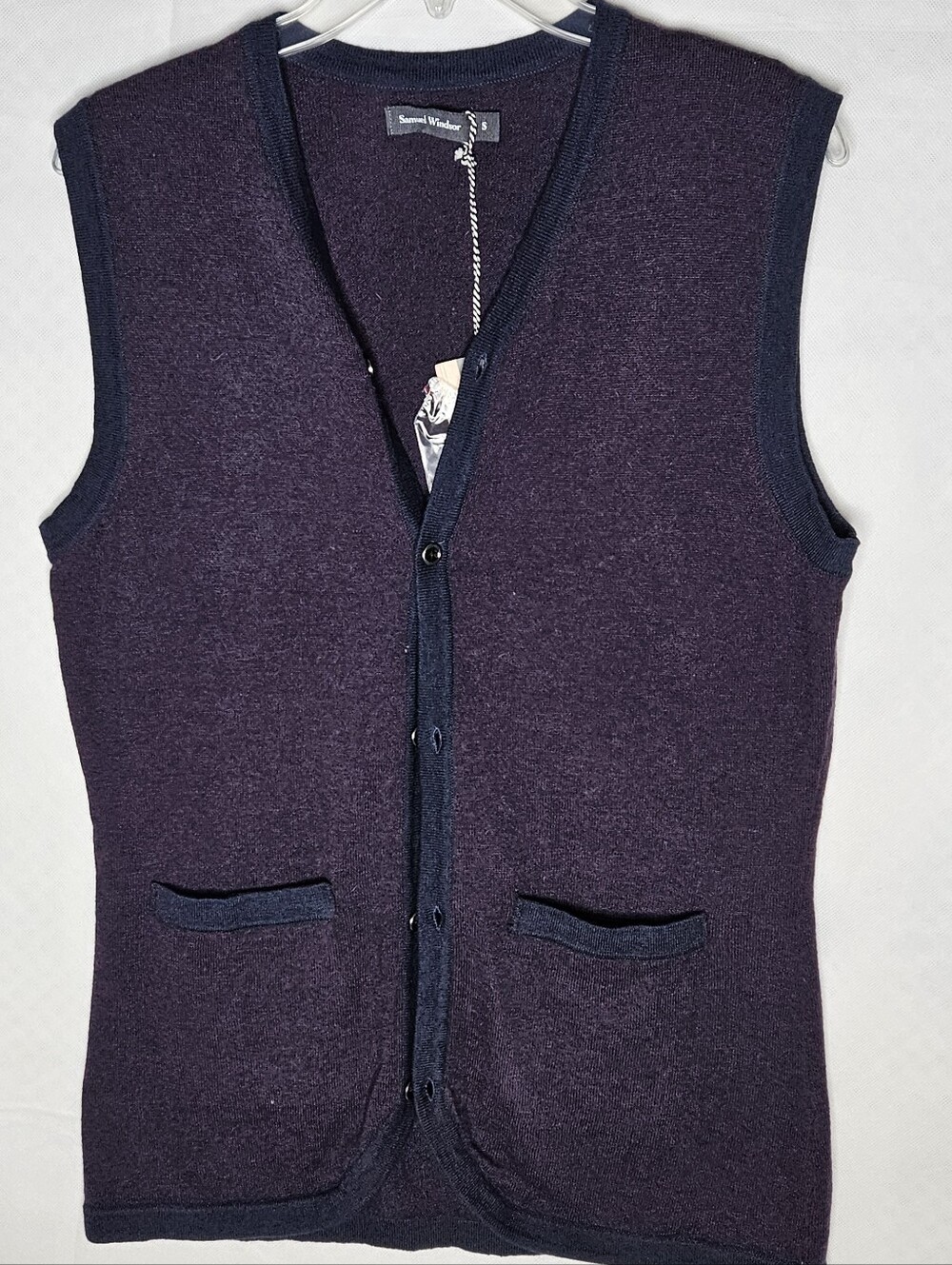 Samuel Windsor Men's Wool Knitted Sweater Vest Size S Purple  Navy Blue Trim NWT